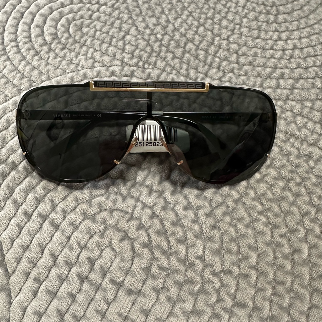 Versace Black Shield Sunglasses With Gold Greek Key Accent